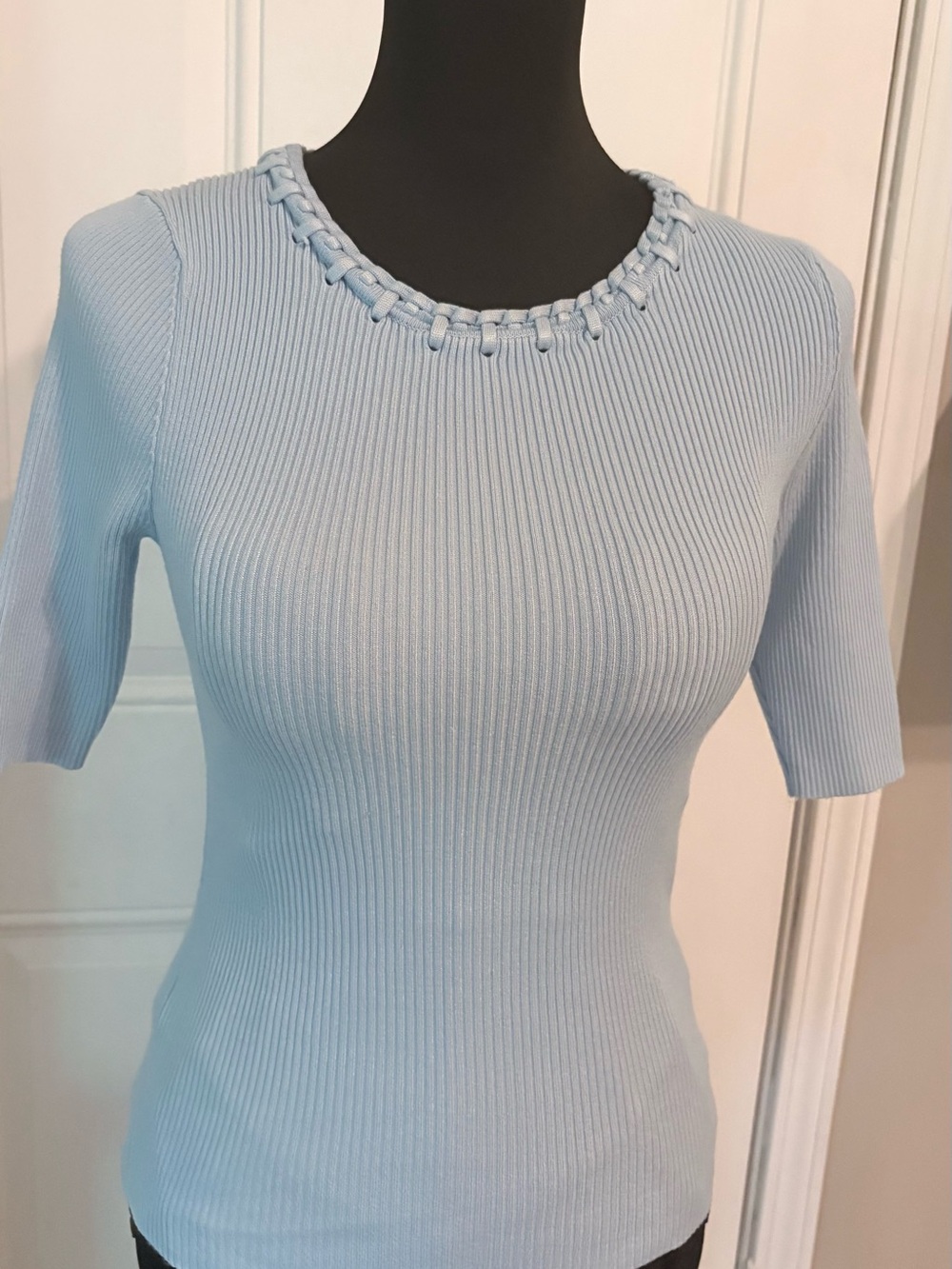Camila Coelho Light Blue Ribbed Short Sleeve Top with Braided Neckline